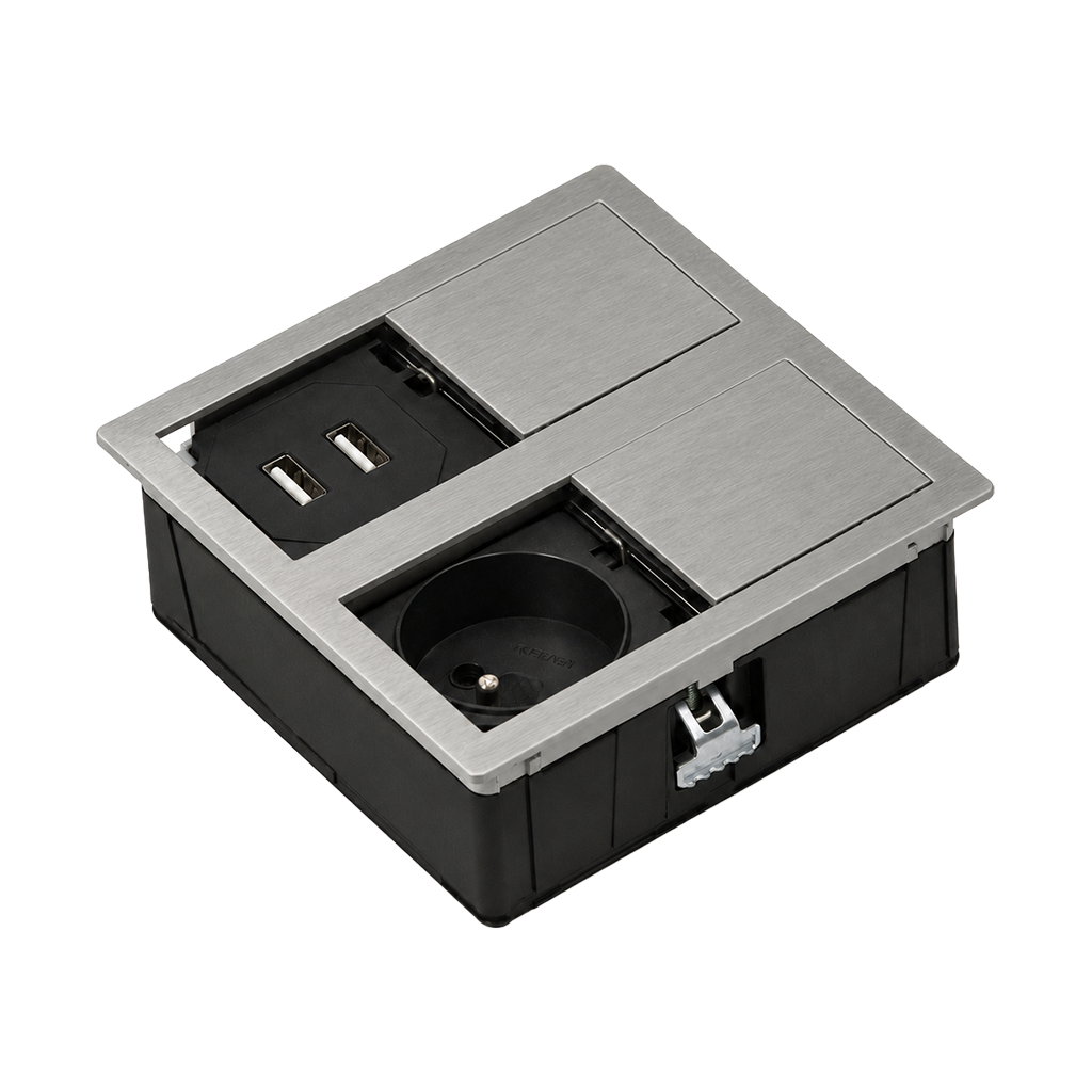 Multipresa da incasso quadrata con 1 presa tipo F Schuko e 2 porte USB tipo A