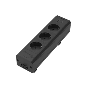 Aluminium-Steckdosenleiste mit 3 Schuko-Steckdosen und 1 USB Typ A, 1 USB Typ C, mit Durchgangsverdrahtung