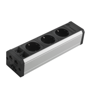 Steckdosenleiste aus Aluminium mit 3 Schuko-Steckdosen und 2 RJ45-Anschlüssen, mit Durchgangsverdrahtung