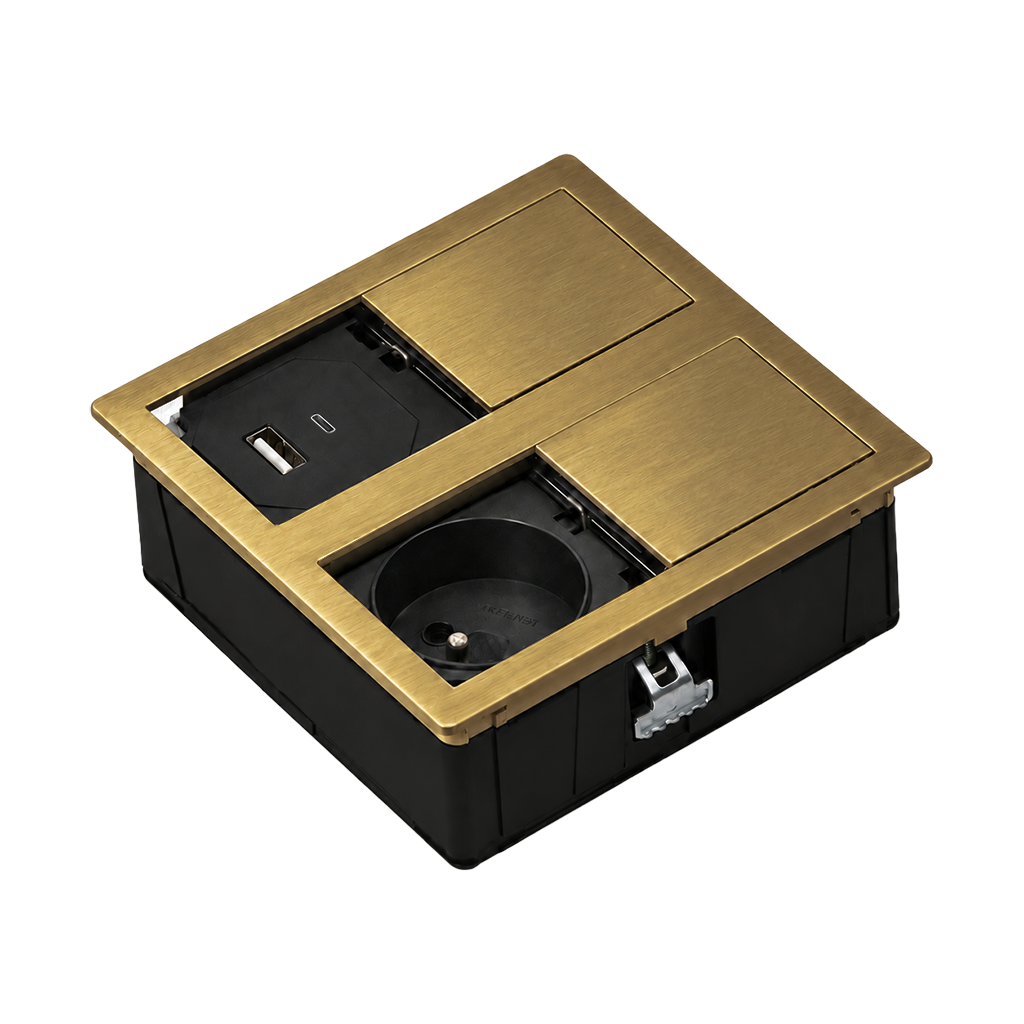 Multipresa da incasso quadrata con 1 prese tipo F Schuko e 2 porte USB tipo A e C, Oro galvanico